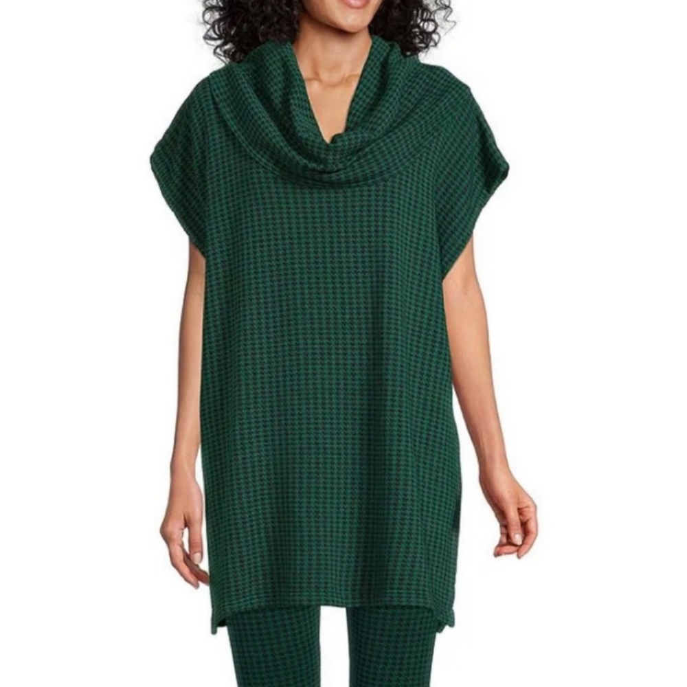 Bryn Walker USA Green houndstooth black Pike poncho organic bamboo cotton L NEW